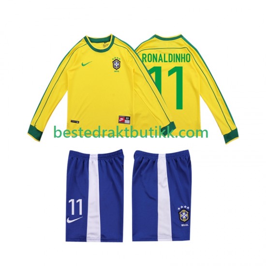 Fotballdrakter Brasil RONALDINHO 11 1998 Retro Hjemmedraktsett Langermet til Barn